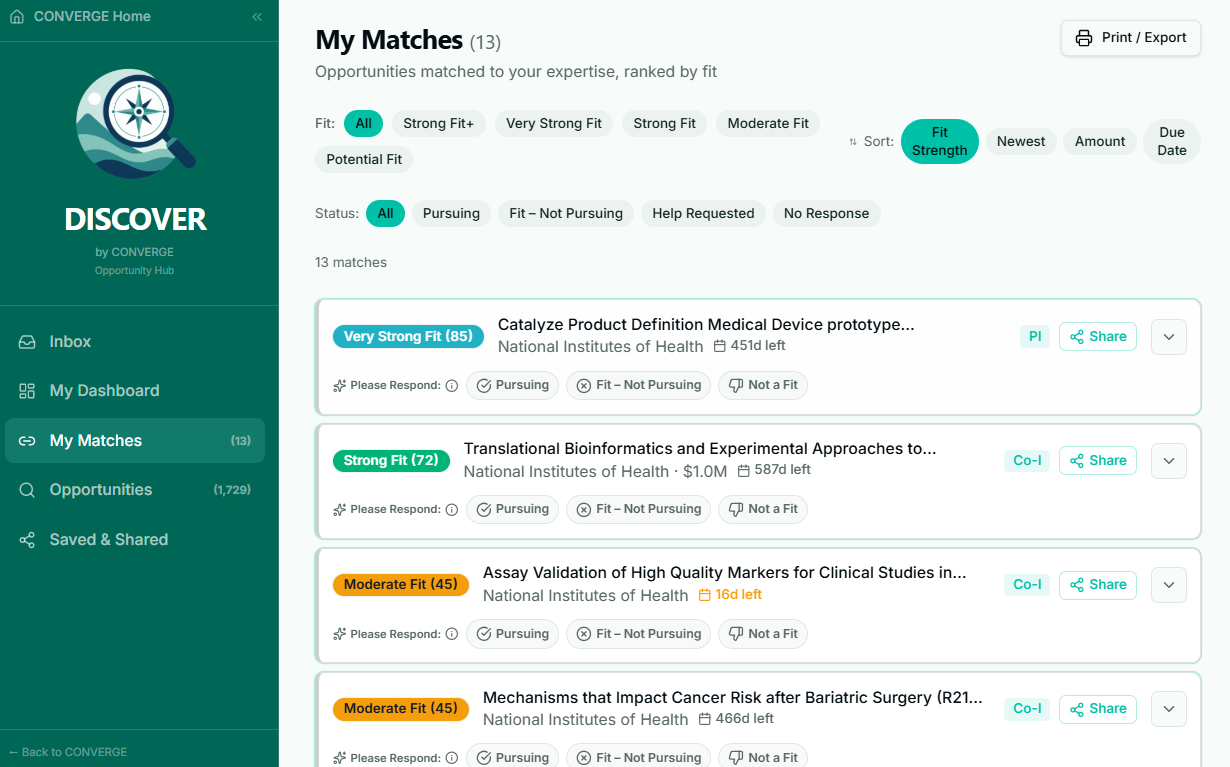 Match detail view showing fit breakdown and team-builder suggestions