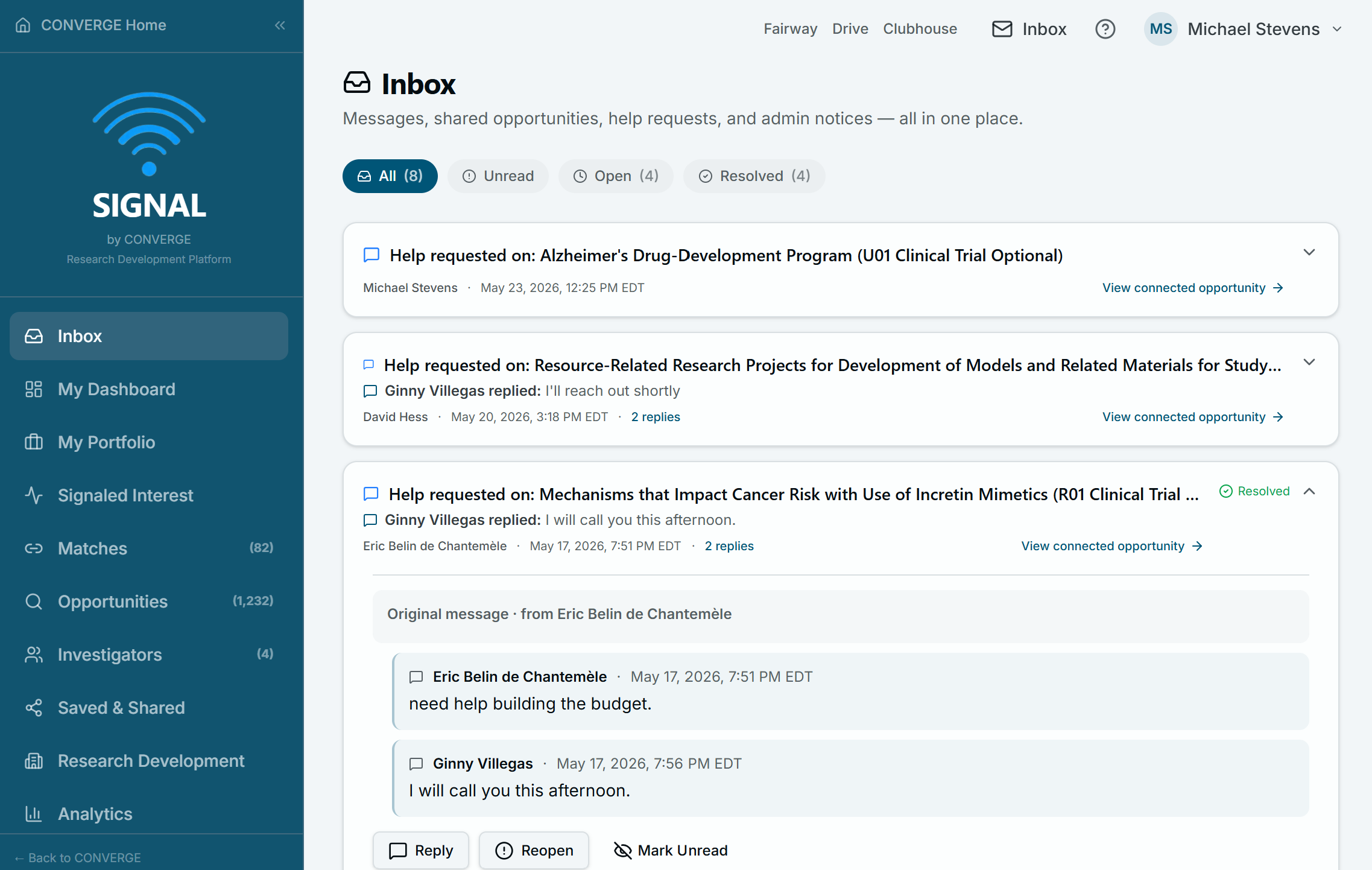 Help request queue with threaded responses and status tracking