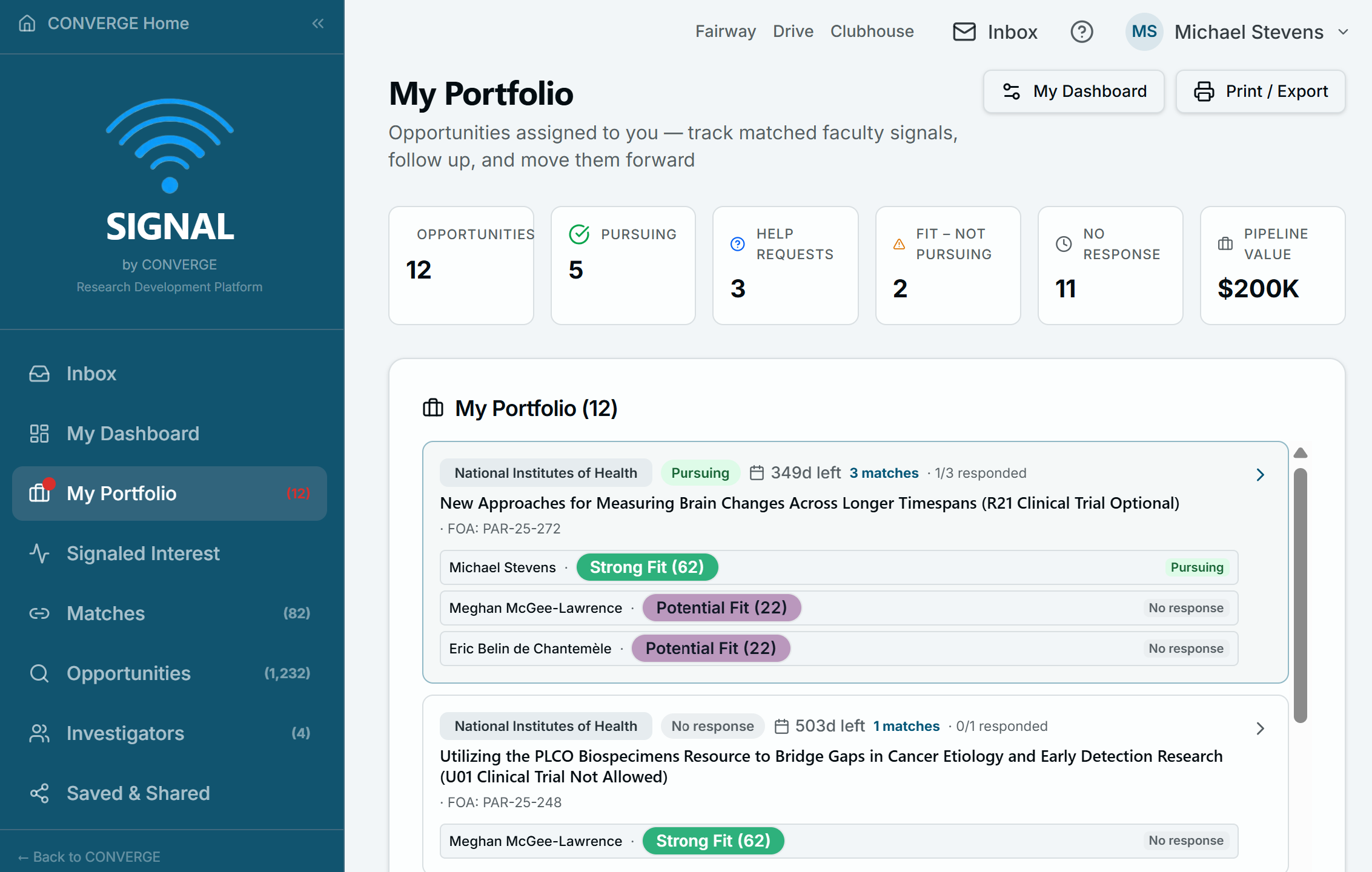 Signal pipeline dashboard showing opportunities, matched investigators, and pursuit statuses